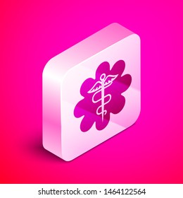 Isometric Emergency star - medical symbol Caduceus snake with stick icon isolated on pink background. Star of Life. Silver square button. Vector Illustration