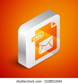 Isometric EML file document. Download eml button icon isolated on orange background. EML file symbol. Silver square button. Vector Illustration