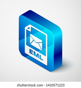 Isometric EML file document icon. Download eml button icon isolated on white background. EML file symbol. Blue square button. Vector Illustration