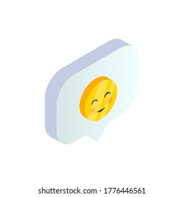 Isometric emoji symbol in speech bubble. 3d smiley emoticon, customer rating satisfaction positive feedback emotions. Social Media vector illustration for web, app, design, infographics.