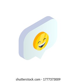 Isometric emoji symbol in speech bubble. 3d laughing emoticon, customer rating satisfaction positive feedback emotions. Social Media vector illustration for web, app, design, infographics