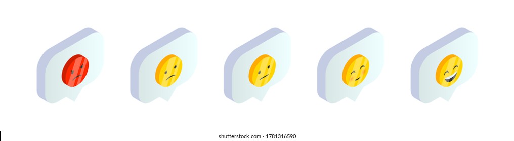 Isometric emoji symbols in speech bubble set. 3d customer rating satisfaction positive and negative feedback emotions. Social Media vector illustration for web, app, design, infographics.