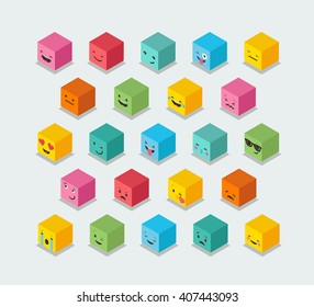 Cubo de emoticonos isométricos, iconos de colores cuadrados