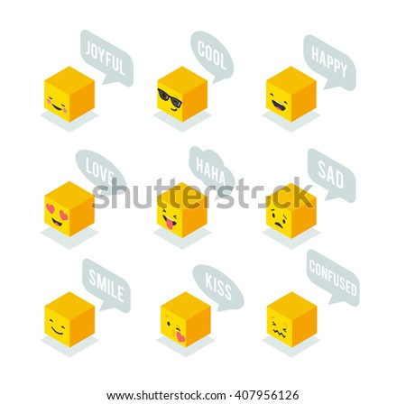 Isometric emoticons, emoji square colorful icons with communication speech bubbles