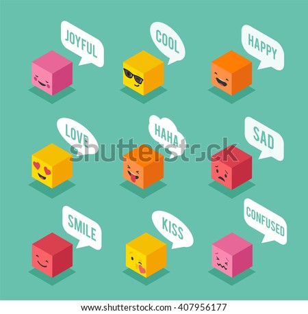 Isometric emoticons, emoji square colorful icons with communication speech bubbles