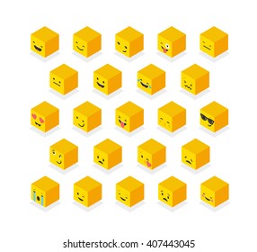 Isometric emoticons yellow cubes, square colorful icons