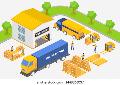 Isometric employees putting boxes into trucks of delivery service while working in warehouse. Transportation industry, delivery and logistic vector illustration.