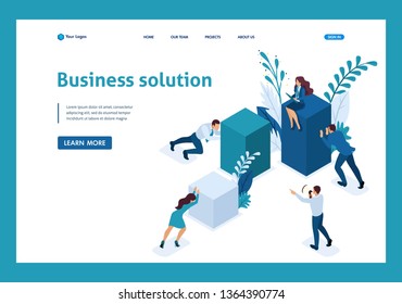 Isometric Employees working together to create a business solution. Template Landing page.