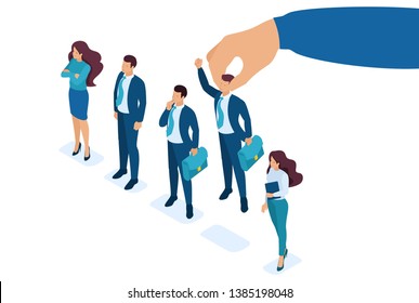 Isometric Employer hand choosing man from selected group of people, recruiting concept. Concept for web design.