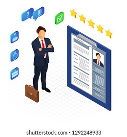 Isometric employment, recruitment and hiring concept. Job agency human resources. Job seeker and resume. isolated vector illustration
