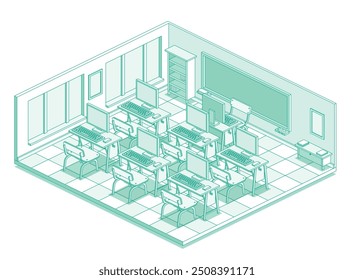 Isometric empty computer classroom in school. Outline style with green lines. Vector illustration. Room with desk tables, chairs, monitors and keyboards. Workspace with windows.