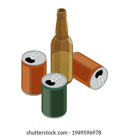 Isometric empty drink cans and beer bottle on white background