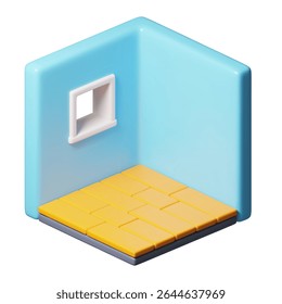 Sala de estar vazia isométrica. Interior. Quarto com janela. Ilustração de vetor de estilo plástico 3D cartoon. Apartamento modelo para casa, hotel, escritório, plano imobiliário