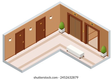 Isometric empty luxury hotel hallway interior with closed numbered doors, glowing wall lamps, potted plants and elevator, Enjoy the Holiday and Vacation. Mobile Application, Hotel Booking Online.