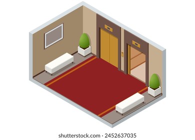 Isometric empty luxury hotel hallway interior with closed numbered doors, glowing wall lamps, potted plants and elevator. Enjoy the Holiday and Vacation. Mobile Application, Hotel Booking Online