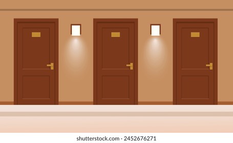 Isometric empty luxury hotel hallway interior with closed numbered doors, glowing wall lamps, potted plants. Enjoy the Holiday and Vacation. Mobile Application, Hotel Booking Online