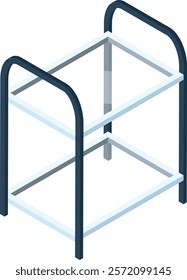 Isometric empty metal two tier shelf for storage organizing different things isolated on white background, ideal for storing various items in home, office, or warehouse settings