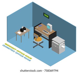 Isometric Empty Office at midnight with computer desk printer photocopy machine