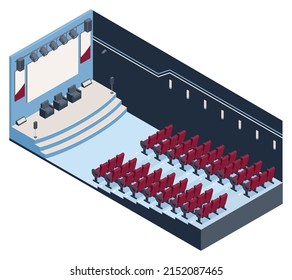 Isometric Empty Press Conference Hall With No Audience Vector Illustration