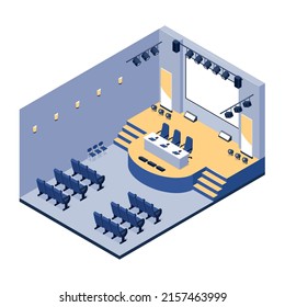 Isometric Empty Press Conference Hall With Auditory Chairs And Screen Vector Illustration