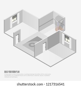 isometric empty room for home. Vector illustration with apartment plan. room illustration. Architecture project. isometric composition with windows and doors in room