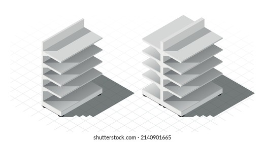 Isometric empty store shelves isolated on white background. Set of retail shelves vector illustration.