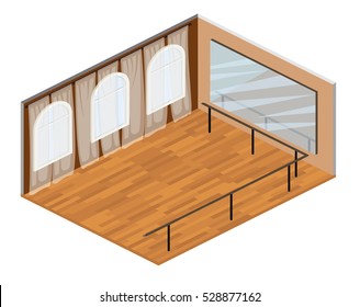 Isometric empty training dance-hall with parquet floor large mirror and panoramic window with white curtains, 3D vector illustration. isometric interior room for dancing, fitness, gymnastics