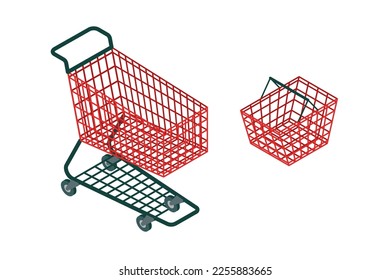 Isometric empty wire supermarket shopping basket and cart, pushcart. Store metal cart on white isolated background. Vector illustration.