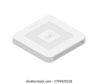 Isometric EMV chip credit card square reader. Secure cashless payment vector illustration. Wireless NFC EMV technology. Square contactless and chip reader isolated on white background