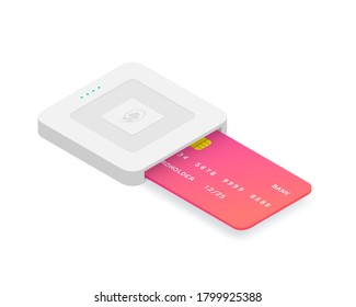 Isometric EMV chip credit card square reader. Secure cashless payment vector illustration. Wireless NFC EMV technology. Square contactless and chip reader with plastic debit card isolated on white.