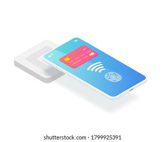 Isometric EMV chip credit card square reader. Secure cashless payment via smartphone vector illustration. Wireless NFC EMV technology. Square contactless and chip reader isolated on white background.