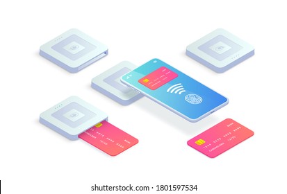 Isometric EMV chip credit card square reader icon set. Secure cashless smartphone and plastic debit card payment vector illustration. Wireless NFC EMV technology. Square contactless and chip reader.