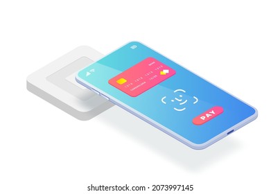 Isometric EMV chip credit card square reader. Secure cashless payment via smartphone face id vector illustration. Wireless NFC EMV technology. Square contactless and chip reader on white background.