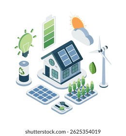Isometric Energy Conservation Home with Solar Panels Wind Turbine and Sustainable technology