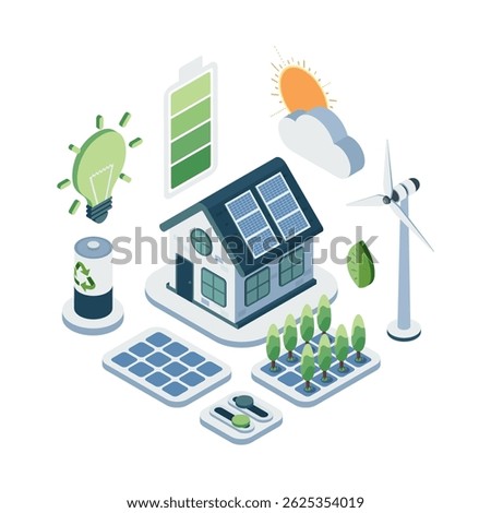 Isometric Energy Conservation Home with Solar Panels Wind Turbine and Sustainable technology