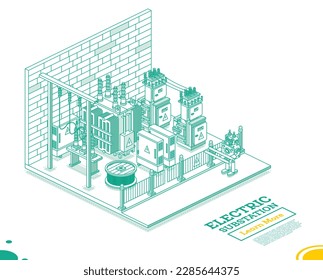 Isometrische Unterstation Räume. Elektrischer Transformator. Rahmenkonzept. Vektorgrafik. Grüne Farbe. Teil der Verteilungskette. Hochspannungs-Kraftwerk.