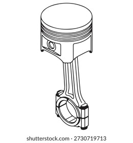 Isometric Engine Piston and Connecting Rod Icon: Automotive Combustion Component Line Art