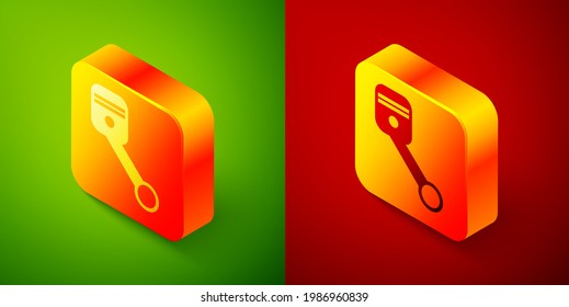 Isometric Engine piston icon isolated on green and red background. Car engine piston sign. Square button. Vector Illustration