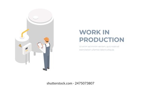 Isometric engineer oversees the workflow in the factory. Plant employee at a workplace. Industrial consept.