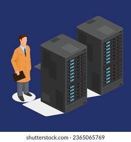 Isometric engineer repairing maintaining rack server Vector icon illustration