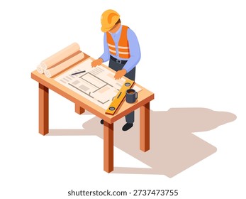 An isometric engineer studying plans on a desk, vector illustration