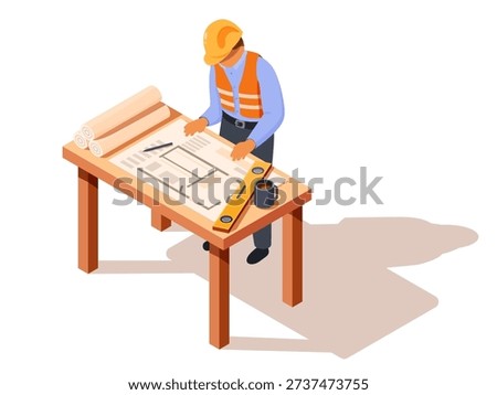 An isometric engineer studying plans on a desk, vector illustration