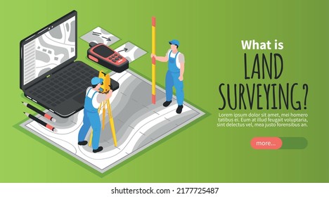 Isometric engineer surveyor banner with triangular level and other tools vector illustration