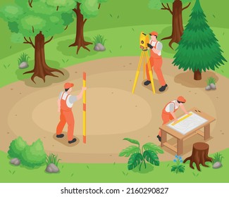 Isometric engineer surveyor concept with male professionals with measuring tools in the forest vector illustration