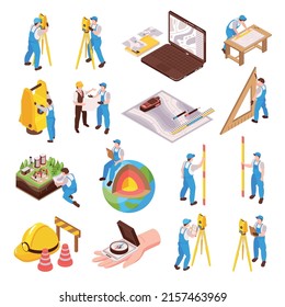 Isometric engineer surveyor icons set with topography and architect tools isolated vector illustration