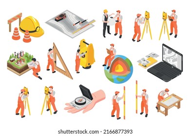 Isometric engineer surveyor icons set with man in working suit and land measuring tools isolated vector illustration