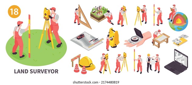 Isometric engineer surveyor icons set with land measurement triangular and constuctrion study symbols isolated vector illustration