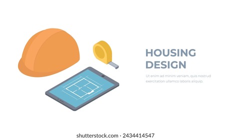 Isometric engineer tools. Tablet, tape measure, helmet vector illustration.