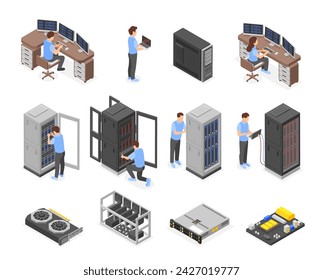 Isometric engineers characters. Data center workers and network administrators. Cloud servers equipment, computers and tools, flawless vector set