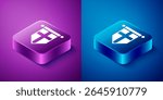 Isometric England flag on pennant icon isolated on blue and purple background. Square button. Vector